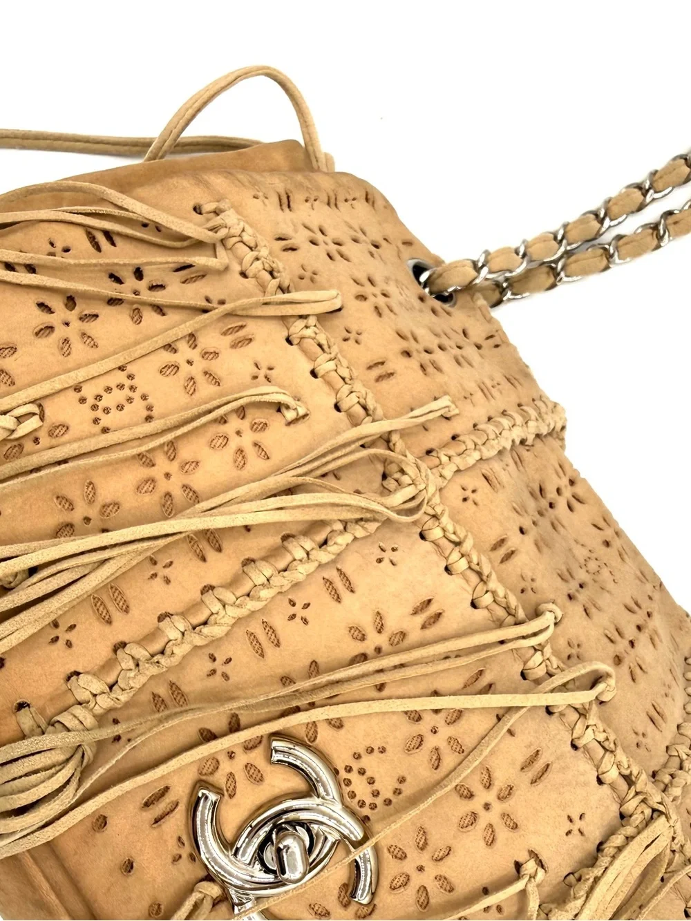 Chanel Tan Brown Suede Fringe Floral CC Flap Bag